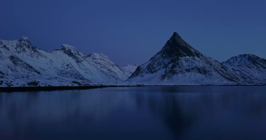 Snowy mountains surround a lake