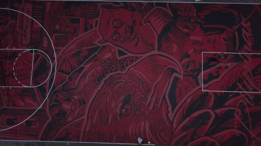 People walk on a basketball court that is painted with animal images