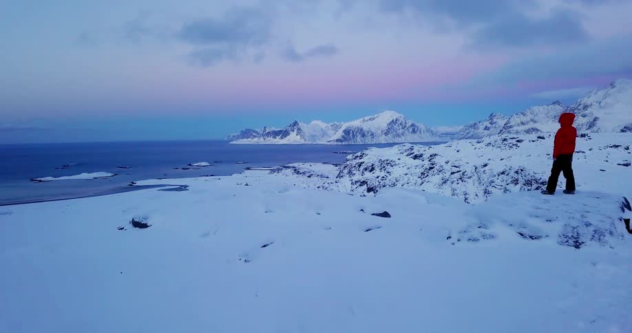 A person in a red jacket walks on the snowy hill