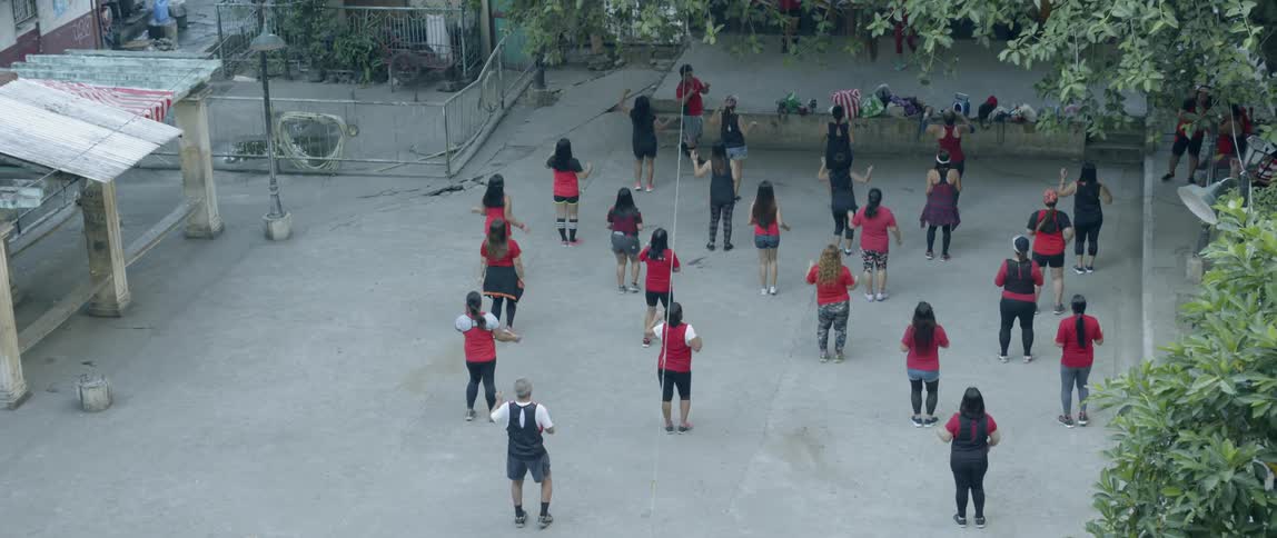Group of people exercise in a park