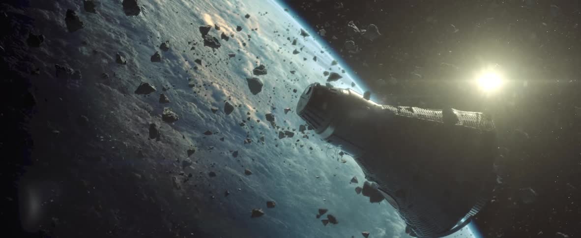 A floating ship in space is surrounded by rocks