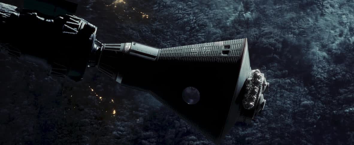 Floating space vessel with stormy clouds below