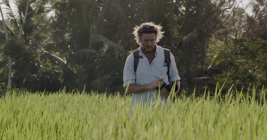 Man takes pictures in a field on a sunny day