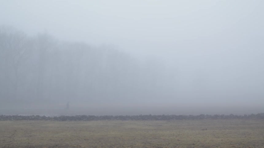 A soldier is walking across a field on a foggy day