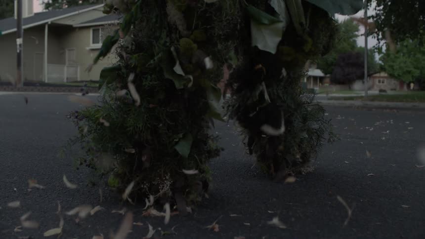 A plant creature sheds while walking on a neighborhood street