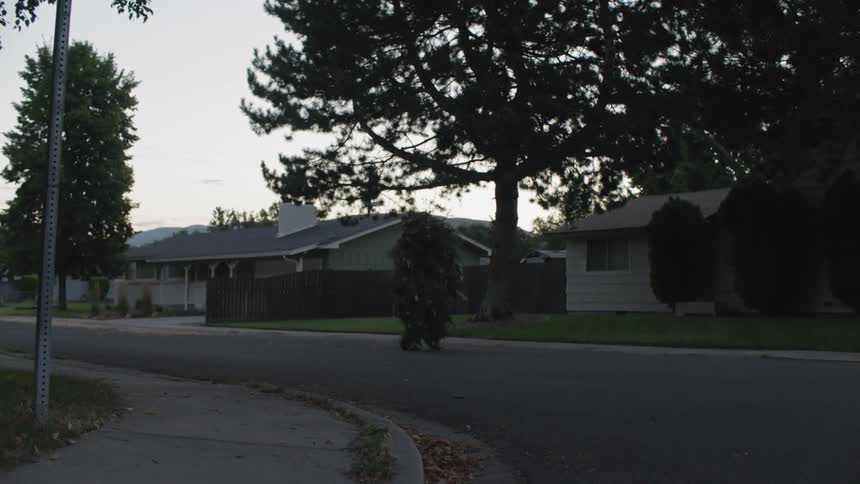 A monster walks on a neighborhood street