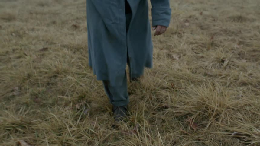 A soldier walks through a field on a foggy day