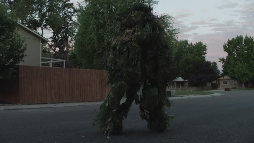 A person in a camouflage suit is wandering through a suburban area in daylight