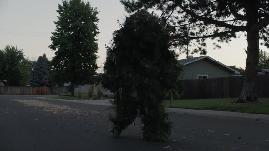 A person camouflaged in plants is walking in a suburban neighborhood in the morning