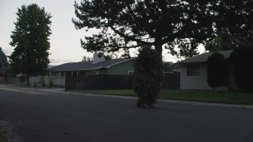A person wearing a ghillie suit walks down a neighborhood street