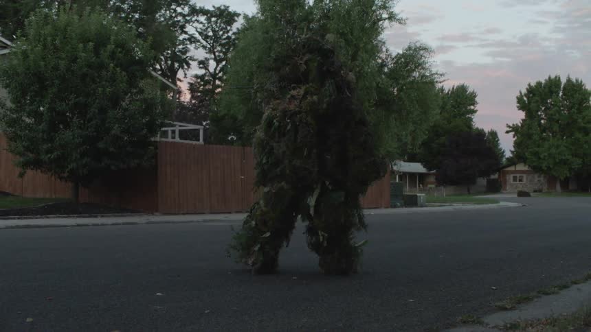 A person camouflaged in plants is walking in a suburban neighborhood in the morning