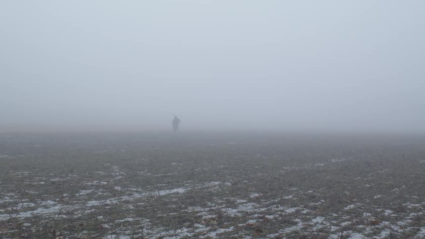A person walks through the fog on a field
