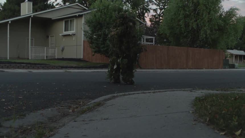 A plant creature walks on a residential street