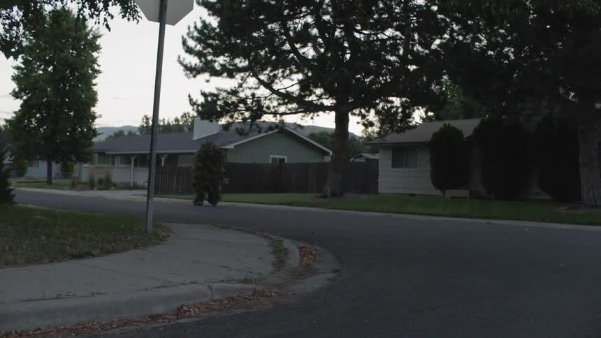 A plant creature walks on a residential street