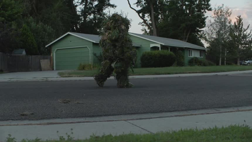 A plant creature walks on a neighborhood street