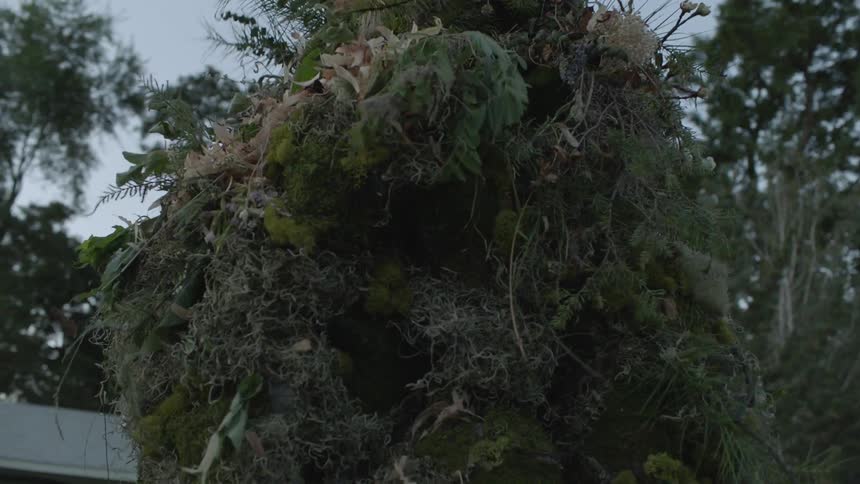 The leaves shake on the person's camouflage outfit
