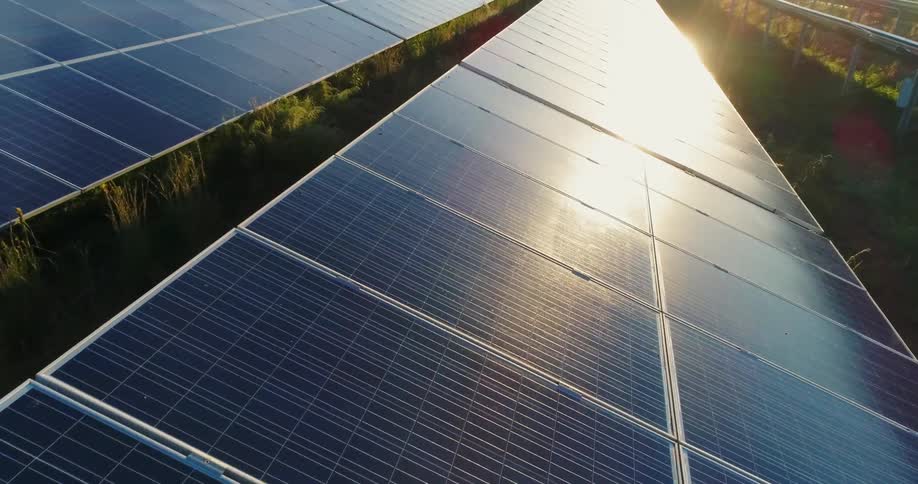 Solar panels in a field on a sunny day