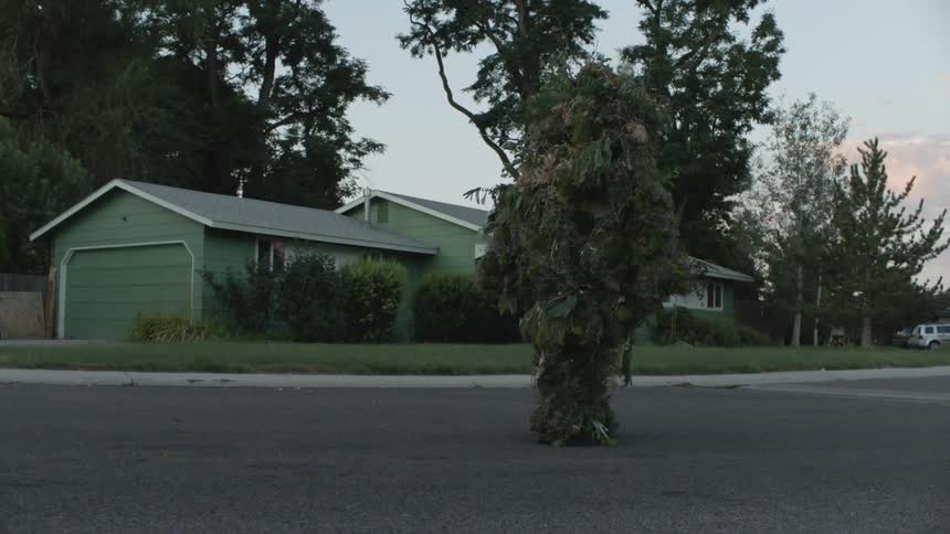 A plant monster walks on a neighborhood street