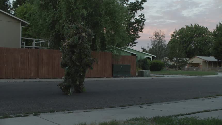 A person wearing a ghillie suit walks on a neighborhood road