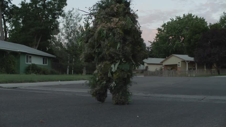A plant creature walks on a residential street at sunset