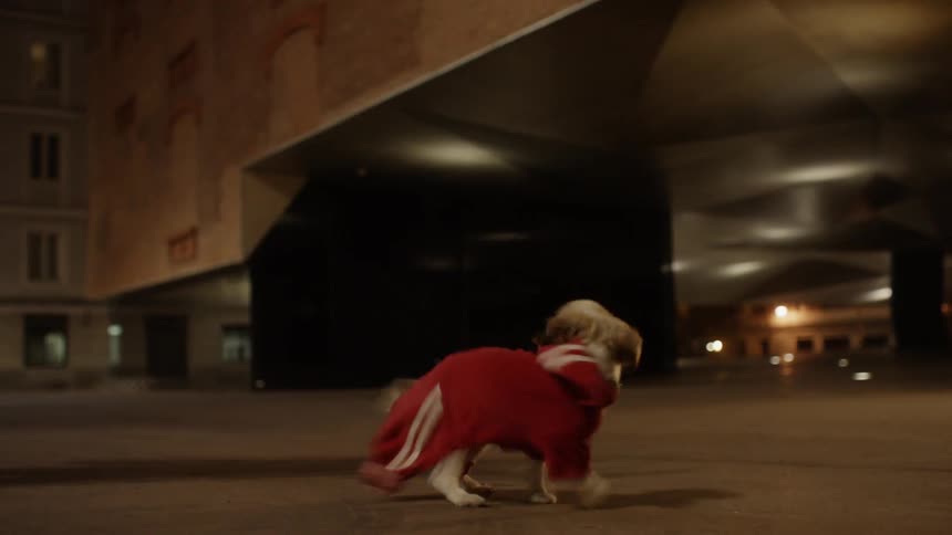 A dog wearing a hoodie twirls and does tricks outside at night