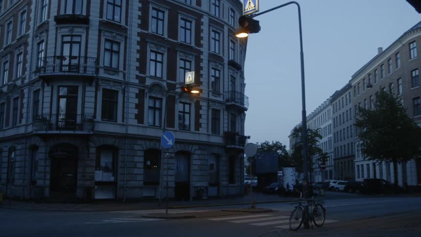 The sun is nearly set on this town intersection