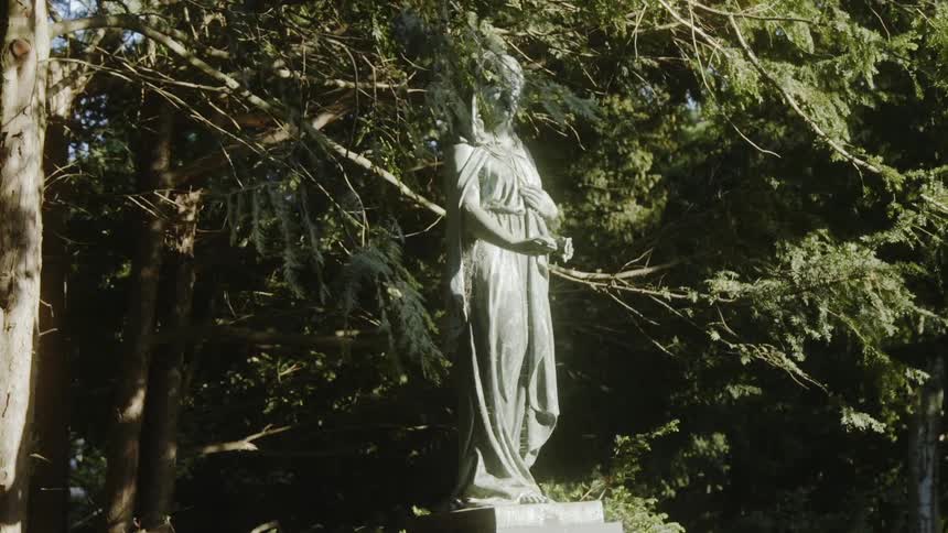 The statue of a woman is covered with sunlight