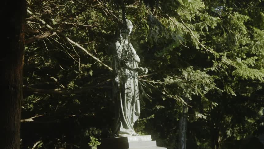 The statue is surrounded by branches on a sunny day