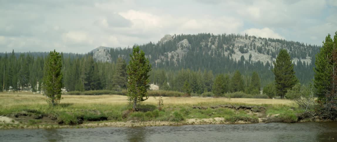 Water flows in a river next to hills and trees
