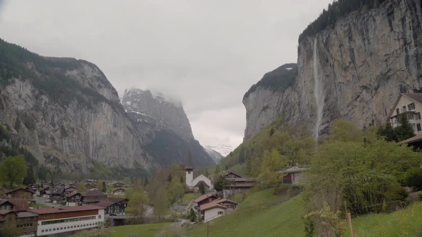 Buildings stand in a mountains village