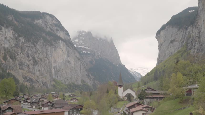 Buildings stand in a mountain village