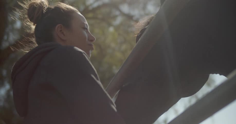 A woman smiles and pets a horse over a fence