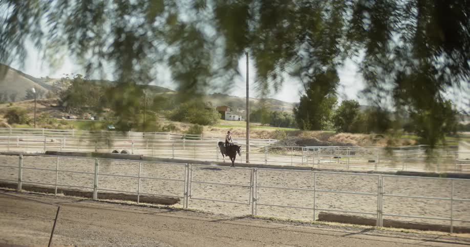 A woman rides a bucking horse in a paddock