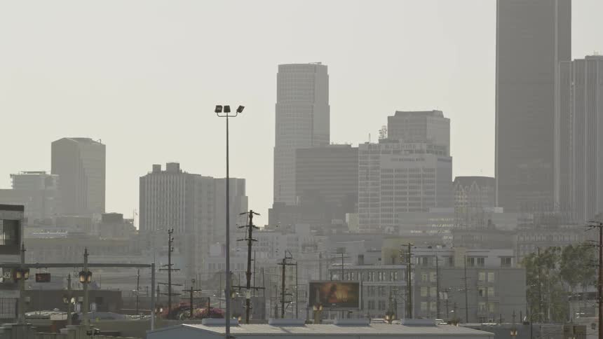 The fog is covering the buildings in the city