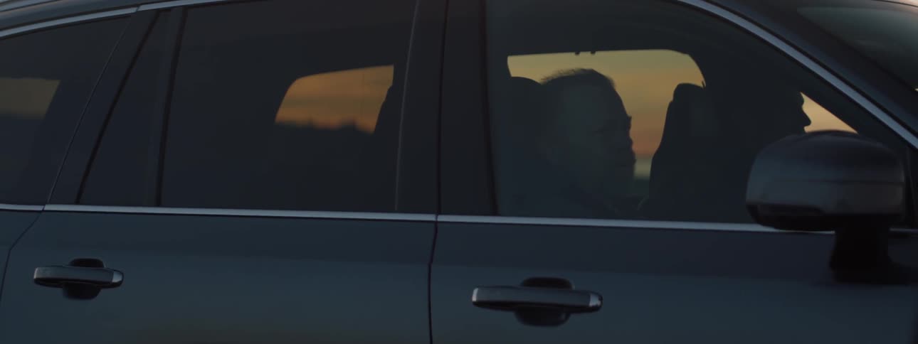 Man rides in a car at sunset