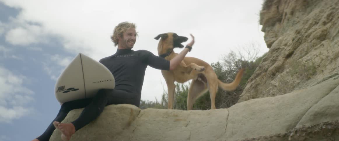 A surfer is playing with his dog as he sits on a boulder holding a surfboard in daylight
