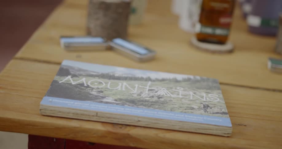 A book sits on a wood table