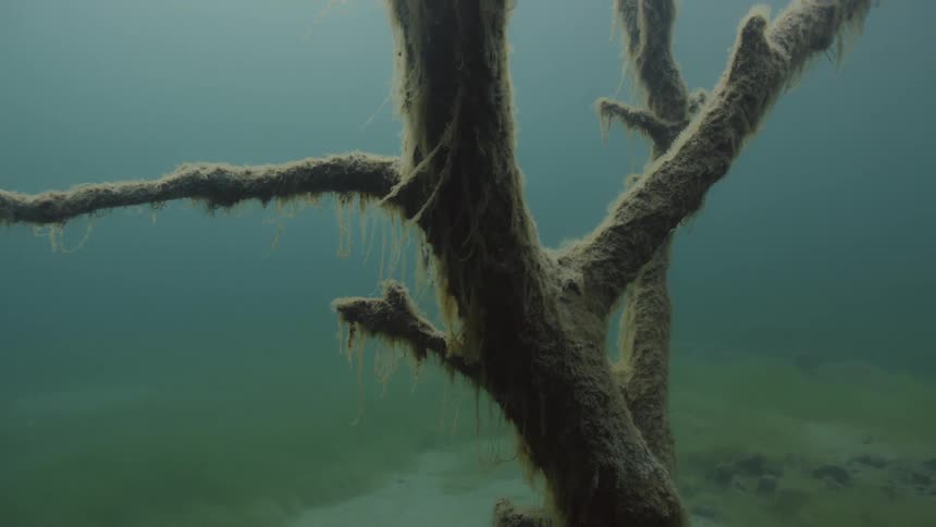 The trees underwater are covered with moss