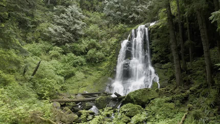 Push in shot of a waterfall flowing over a cliff in a green forest