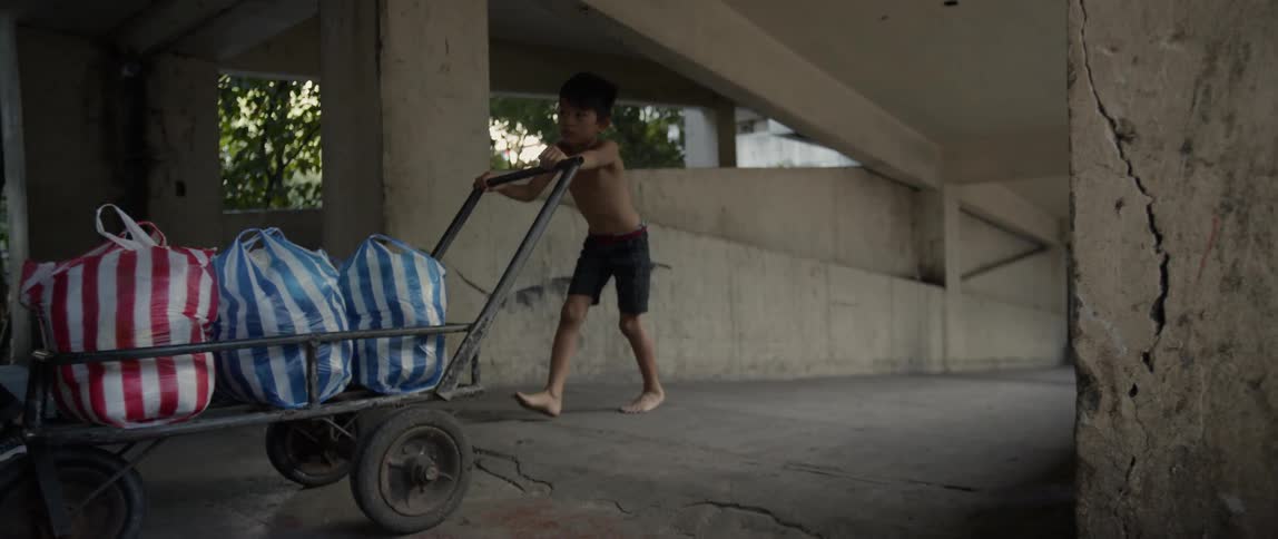 Boy pushes a cart filled with bags
