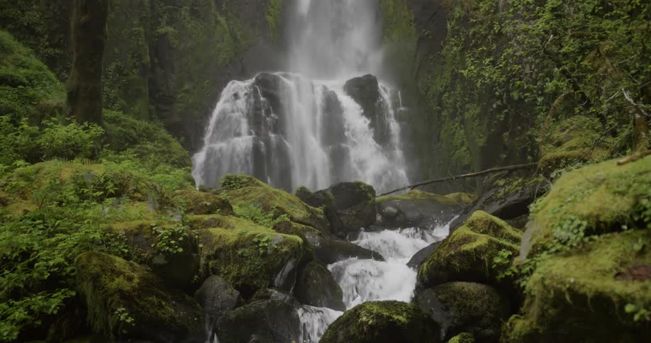 Rack focus shot of a waterfall flowing into a creek below