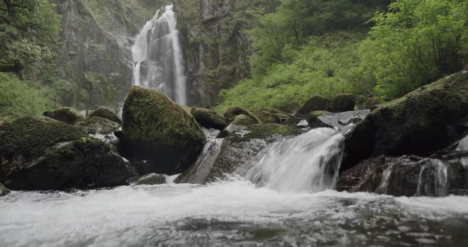 A waterfall flows over a cliff into a stream flowing over mossy rocks