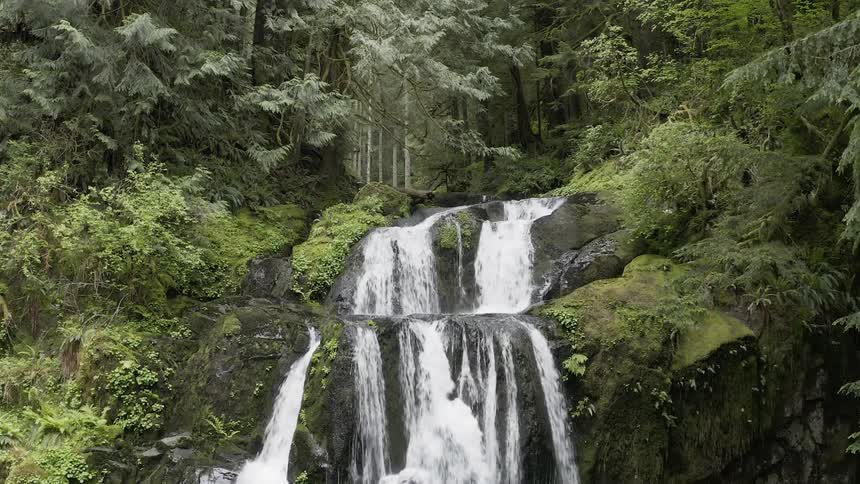 Aerial shot of cascades flowing over rocks in a viridescent forest