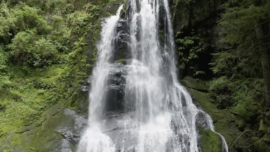 Push in shot of a cascade flowing over rocks in a lush forest