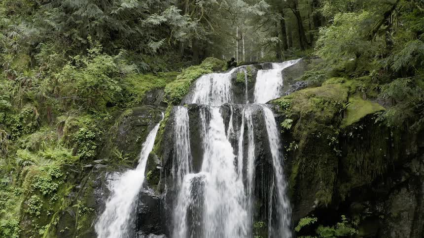 Static shot of a waterfall flowing over rocks in a viridescent forest