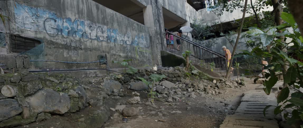 People walk up steps to a concrete building with graffiti