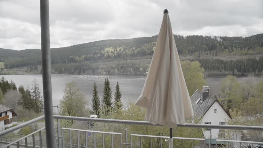 The houses are lined up by the lake below