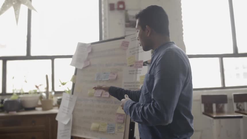 Man talks in front of a whiteboard
