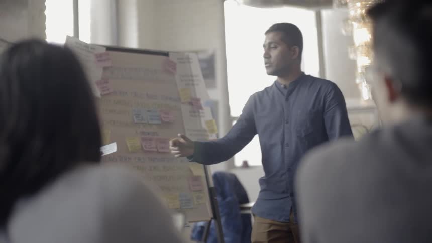 A man points out notes on a whiteboard to a group