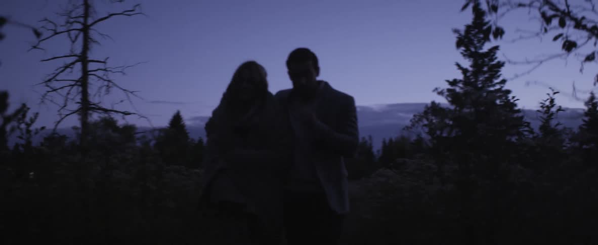 Man and woman walking on a field at sunset
